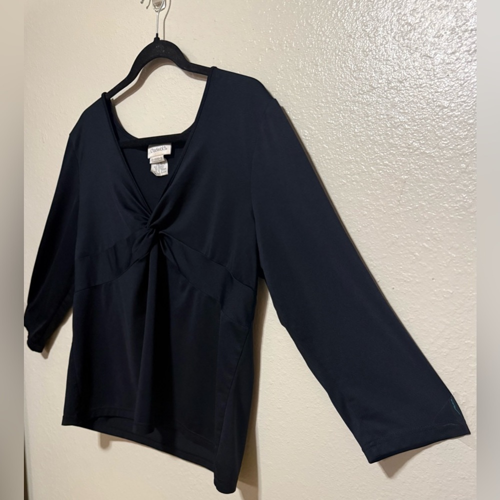 Chadwicks Black Twist Front Blouse | V Neck Stretch Top  | 3/4 Sleeve | Size XL - Picture 3 of 4